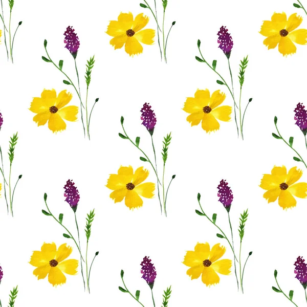 Seamless pattern with watercolor wildflowers on white background. — Stock Vector