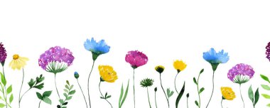 Watercolor wildflower seamless border. Floral rectangle frame with place for text.