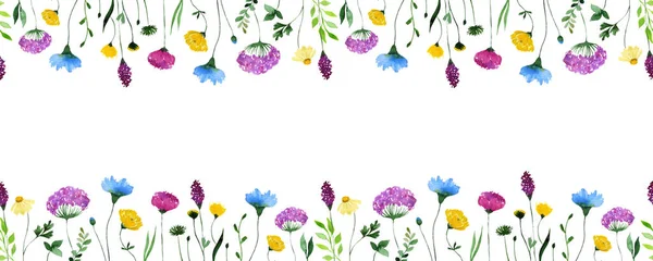 Watercolor wildflower seamless border. Floral rectangle frame with place for text. — Stock Vector