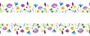 Watercolor wildflower seamless border. Floral rectangle frame with place for text.