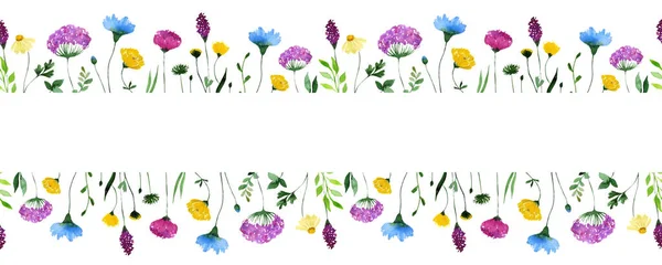 Watercolor wildflower seamless border. Floral rectangle frame with place for text. — Stock Vector