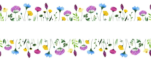 Watercolor wildflower seamless border. Floral rectangle frame with place for text. — Stock Vector