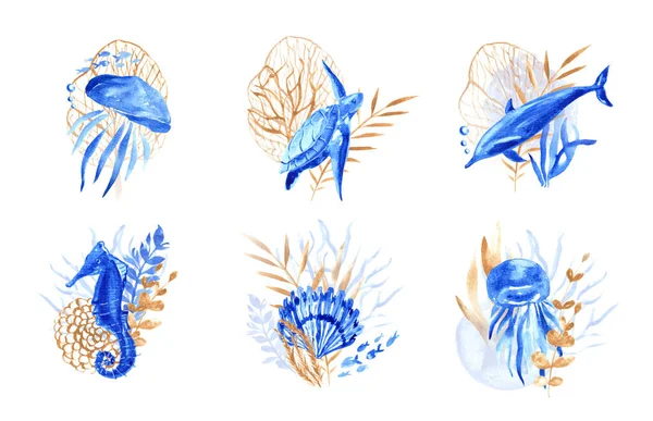 해양 생물. 골드 블루 워터 세트 — 스톡 사진