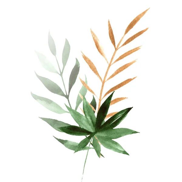 Gold green watercolor leaves bouquet isolated on white background — Zdjęcie stockowe