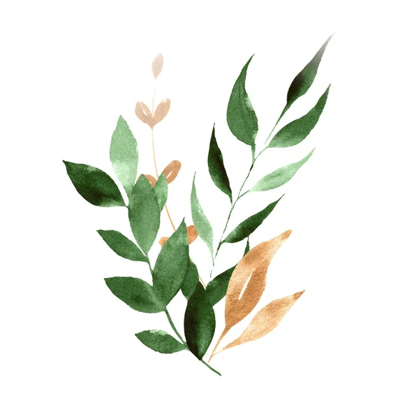 Gold green watercolor leaves bouquet isolated on white background — Zdjęcie stockowe