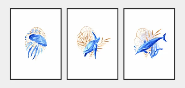 Meren elämää. Joukko sininen julisteita valtameren akvarelli motiivit. — vektorikuva