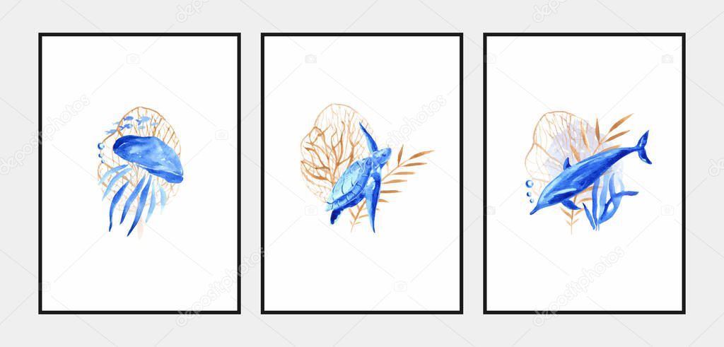 Ocean life. Set of blue posters with ocean watercolor motives.