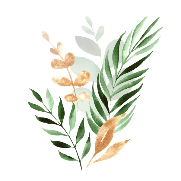 Gold green watercolor leaves bouquet isolated on white background — Zdjęcie stockowe