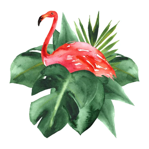 Paraíso tropical. Arranjo aquarela pintado à mão com flamingo, flores e folhas isoladas em branco — Fotografia de Stock