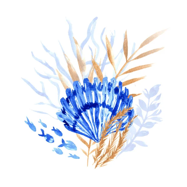 La vie marine. Arrangement aquarelle Gold Blue — Photo