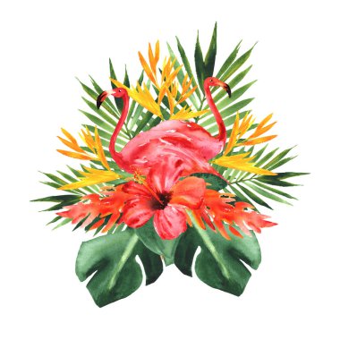 Tropik cennet. Flamingo ile elle boyanmış suluboya düzenleme, çiçekler ve yapraklar beyaz üzerine izole edilmiş