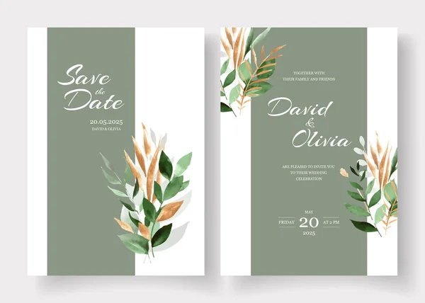 Hochzeitskarte Vorlagen mit Gold grün Aquarell Blätter Strauß — Stockvektor