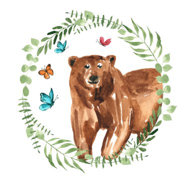 Yeşil dallardan oluşan orman çelengi ve ayı ve kelebeklerle yapraklar. Elle boyanmış suluboya resim. Botanik Tasarım elementi. Davetiyeler için mükemmel, tebrik kartları, baskılar, posterler, paketleme