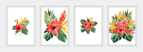 Тропічний Рай Акварельна Колекція Плакатів Фламінго Квітами Листям Дизайн Ручного — стоковий вектор