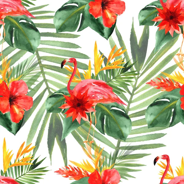 Tropical paradise. Seamless pattern with flamingo, tropical leaves and flowers on white background. Watercolor illustration. Applicable for wallpaper, fabric, textile, wrapping etc.