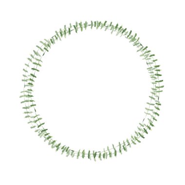 Yeşil dallardan ve yapraklardan oluşan botanik çelenk. Yaz havası. Elle boyanmış suluboya resim. Botanik Tasarım elementi. Davetiyeler, tebrik kartları, baskılar, posterler, paketleme vs. için mükemmel