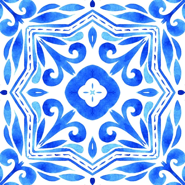 Azulejos Portuguese Tile Blue Watercolor Pattern Traditional Ornament Hand Painted — Stock Photo, Image