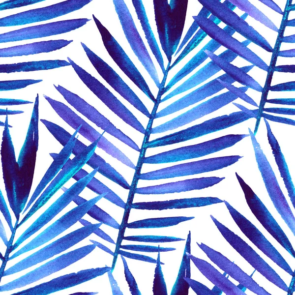 ヤシの葉 白い背景に青いヤシの葉を持つシームレスなパターン 水彩イラスト 包装等に適用 — ストック写真
