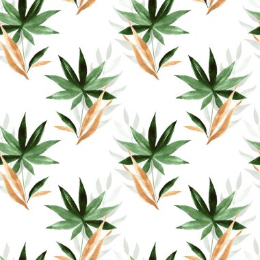 Kusursuz suluboya botanik desen. Beyaz arka planda yeşil yapraklar ve dallar. El boyaması illüstrasyon. Paketler, duvar kağıtları, kartpostallar, tebrik kartları, davetiyeler için mükemmel.