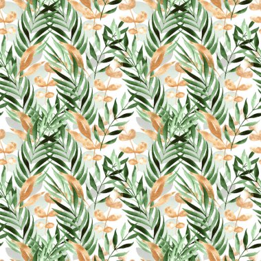 Kusursuz suluboya botanik desen. Beyaz arka planda yeşil yapraklar ve dallar. El boyaması illüstrasyon. Paketler, duvar kağıtları, kartpostallar, tebrik kartları, davetiyeler için mükemmel.