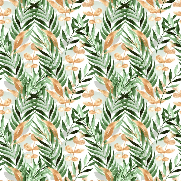 Kusursuz suluboya botanik desen. Beyaz arka planda yeşil yapraklar ve dallar. El boyaması illüstrasyon. Paketler, duvar kağıtları, kartpostallar, tebrik kartları, davetiyeler için mükemmel.