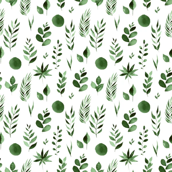 Naadloze Aquarel Botanische Patroon Groene Bladeren Takken Samenstelling Witte Achtergrond — Stockfoto