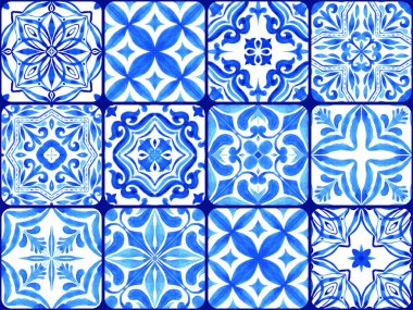 Azulejos - Portekiz fayansları mavi suluboya deseni. Geleneksel süs. Çeşitli fayanslar koleksiyonu. Elle boyanmış resim