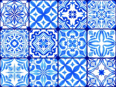 Azulejos - Portekiz fayansları mavi suluboya deseni. Geleneksel süs. Çeşitli fayanslar koleksiyonu. Elle boyanmış resim