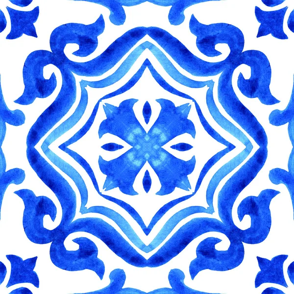 Azulejos Portuguese Tile Blue Watercolor Pattern Traditional Ornament Hand Painted — Stock Photo, Image