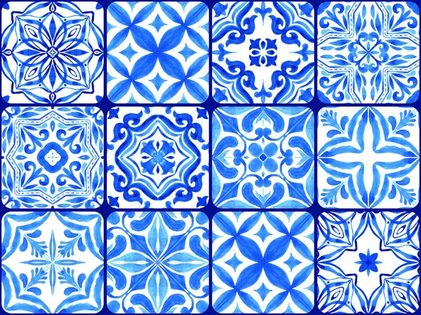 Azulejos - Portuguese tiles blue watercolor pattern. Traditional ornament. Variety tiles collection. Hand painted illustration