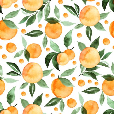 Portakallar ve yapraklar. Suluboya kusursuz desen. El boyaması illüstrasyon. Duvar kağıdı, kumaş, tekstil, ambalaj vs. için uygulanabilir.