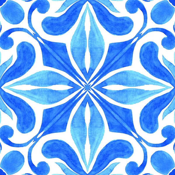 Azulejos Portuguese Tile Blue Watercolor Pattern Traditional Ornament Hand Painted — Stock Photo, Image