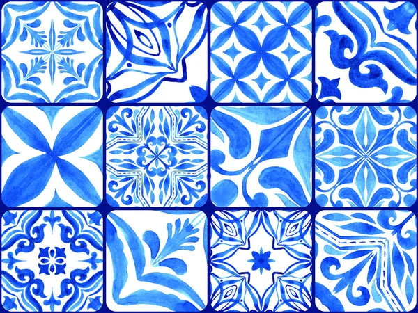 Azulejos Portuguese Tiles Blue Watercolor Pattern Traditional Ornament Variety Tiles — Stock Photo, Image