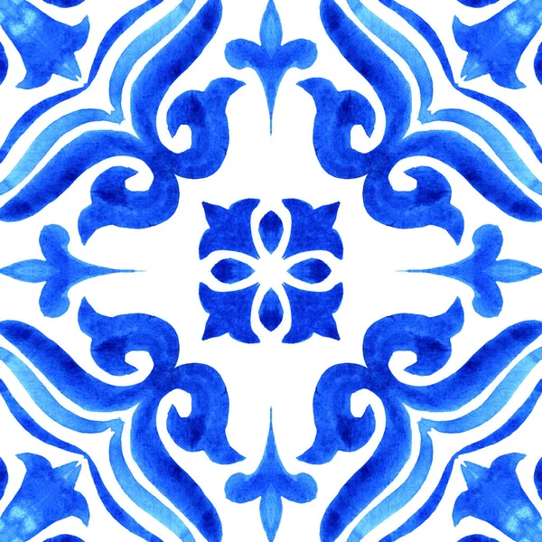 Azulejos Portuguese Tile Blue Watercolor Pattern Traditional Ornament Hand Painted — Stock Photo, Image