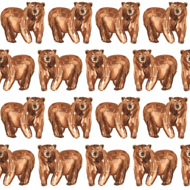 Beyaz arka planda sevimli ayılar olan kusursuz bir desen. Elle boyanmış suluboya resim. Duvar kağıdı, kumaş, tekstil, ambalaj, çocuk ürünleri vs. için uygulanabilir.