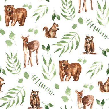 Tatlı orman hayvanları ve beyaz arka planda yeşillik olan kusursuz bir desen. Elle boyanmış suluboya resim. Duvar kağıdı, kumaş, tekstil, ambalaj, çocuk ürünleri vs. için uygulanabilir.