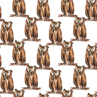 Beyaz arka planda sevimli baykuşlar olan kusursuz bir desen. Elle boyanmış suluboya resim. Duvar kağıdı, kumaş, tekstil, ambalaj, çocuk ürünleri vs. için uygulanabilir.