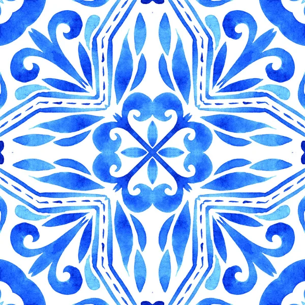 Azulejos Azulejo Português Padrão Aquarela Azul Ornamento Tradicional Ilustração Pintada — Fotografia de Stock