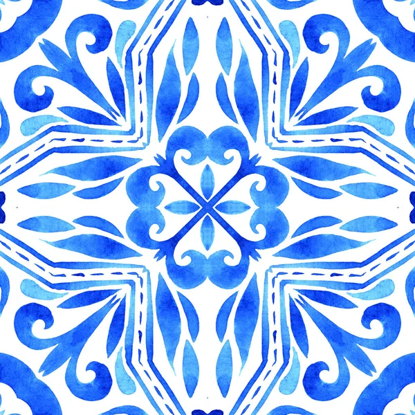 Azulejos Portuguese Tile Blue Watercolor Pattern Traditional Ornament Hand Painted — Stock Photo, Image