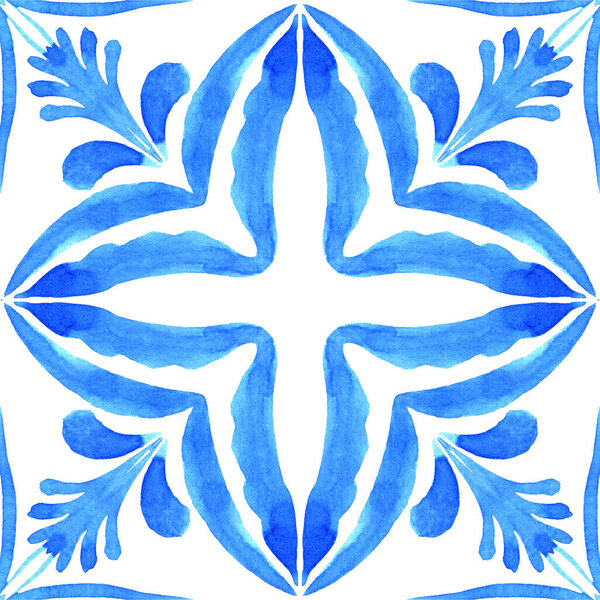 Azulejos - Portuguese tile blue watercolor pattern. Traditional ornament. Hand painted illustration