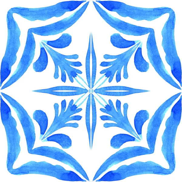 Azulejos Portuguese Tile Blue Watercolor Pattern Traditional Ornament Hand Painted — Stock Photo, Image