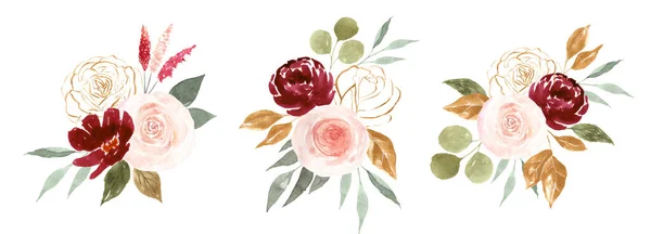 Állítsa Akvarell Virágcsokrok Elszigetelt Fehér Alapon Rózsák Bazsarózsák Levelek Botanikai — Stock Fotó