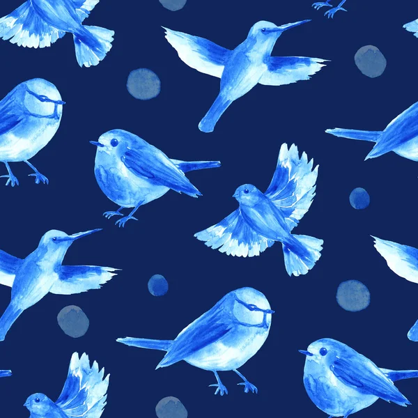 Płynny Wzór Niebieskimi Ptakami Akwarelowymi Odizolowanymi Ciemnym Tle Ręcznie Malowana — Zdjęcie stockowe
