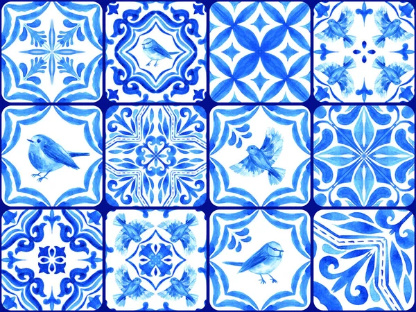 Azulejos Portugalskie Płytki Niebieski Wzór Akwareli Tradycyjna Ozdoba Kolekcja Płytek — Zdjęcie stockowe