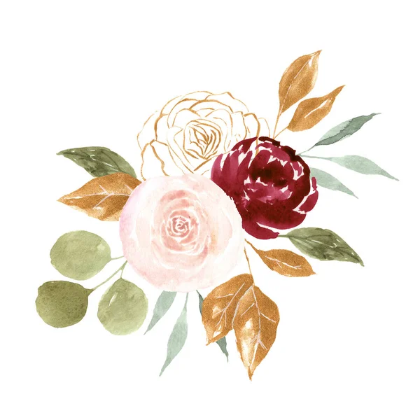 水彩花花束在白色的背景上被隔离 牡丹和树叶用于婚礼或贺卡的植物学构图 手绘插图 — 图库照片