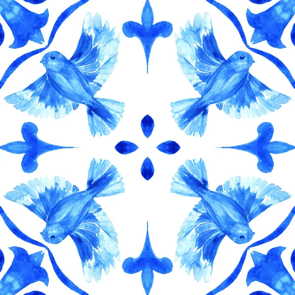 Azulejos Portugese Tegel Blauw Aquarel Patroon Traditioneel Ornament Handgeschilderde Illustratie — Stockfoto