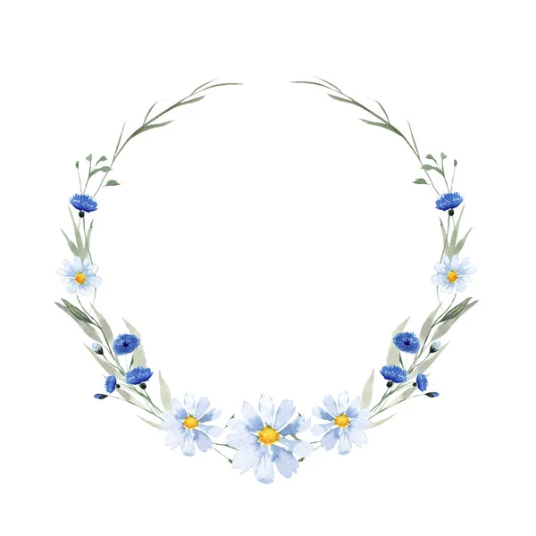 Watercolor wreath with wildflowers isolated on white. Decoration for your design. Perfect for greeting and wedding cards.