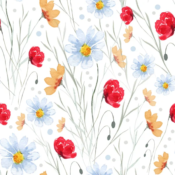 Wildflowers. Seamless pattern with hand painted watercolor wildflowers isolated on white. Applicable for wallpaper, fabric, textile, wrapping etc.