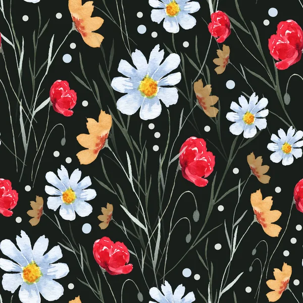 Wildflowers. Seamless pattern with hand painted watercolor wildflowers isolated on black. Applicable for wallpaper, fabric, textile, wrapping etc.