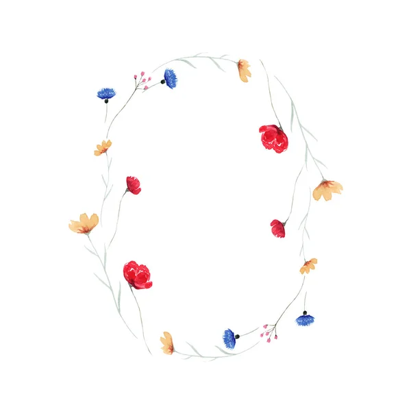 Watercolor wreath with wildflowers isolated on white. Decoration for your design. Perfect for greeting and wedding cards.